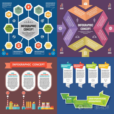 業(yè)務(wù)圖表模板概念向量說明。抽象橫幅集。廣告促銷版面的集合供演示。工業(yè)工廠。折紙。圖形設(shè)計(jì)元素